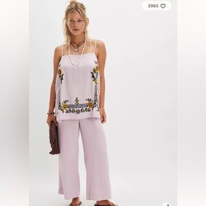 Free people TWO PIECE SET - linen wide leg pants and embroidered open tank NWT M